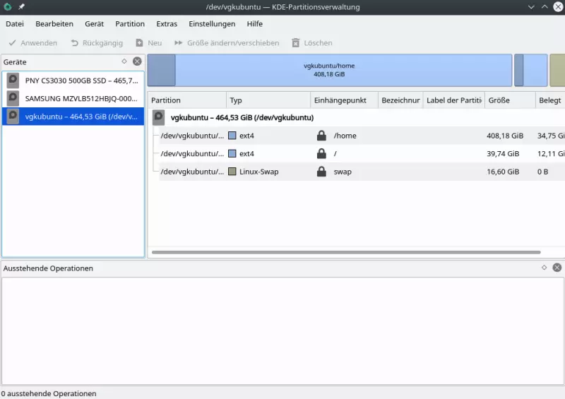 Screenshot KDE Partition Manager mit geöffnetem virtuellem Laufwerk.